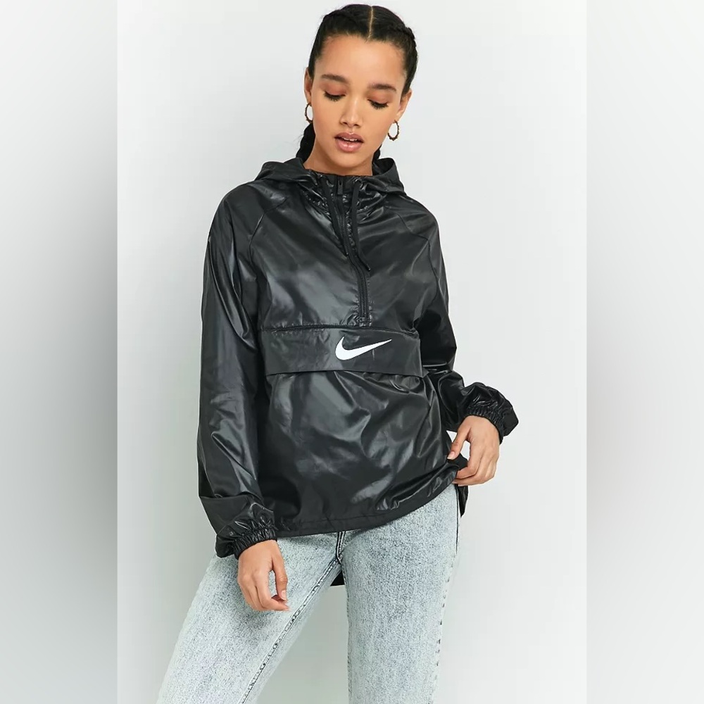 Nike Women's Black Packable Swoosh Windbreaker Half-Zip front